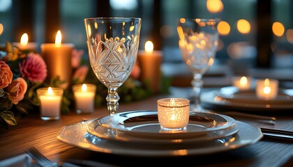 Romantic and opulent candlelit table setting with hand-cut crystal glasses and elegant plates in an exclusive high-end restaurant for a special occasion