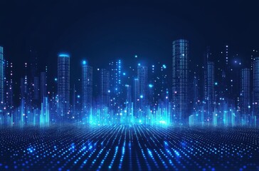 Poster - Futuristic digital cityscape with blue glowing lines and dots on a dark background illustrating technology and innovation