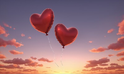 Two red heart-shaped balloons float in a pink sunset sky