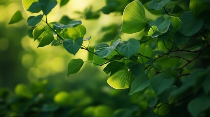 Poster - Lush green leaves glimmering in sunlight during a peaceful morning in a dense forest