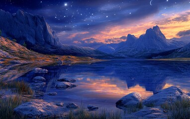 Wall Mural - A serene twilight landscape featuring mountains, a tranquil lake, and a starry sky reflecting on the water's surface.