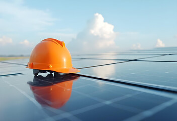 bright orange construction helmet rests on solar panels under clear blue sky, symbolizing safety and renewable energy. scene conveys sense of progress and innovation in sustainable technology