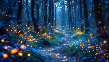 Enchanted night forest illuminated by glowing blue fireflies, vibrant flowers, and ancient trees along a mystical winding trail