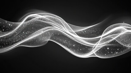 Poster - Soft waves of light and sparkling particles elegantly flow across a dark backdrop, creating a tranquil atmosphere