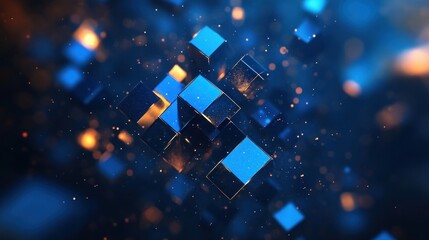 Poster - Colorful cubes float in a dark digital space, lit by shimmering lights creating a captivating scene
