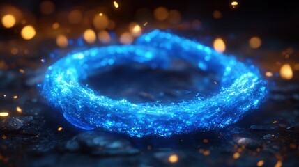 Poster - A bright blue energy ring radiates light surrounded by twinkling sparks in a dark setting