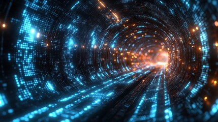 Fototapete - A dazzling tunnel made up of blue and orange lights gives an illusion of depth and movement in a futuristic setting