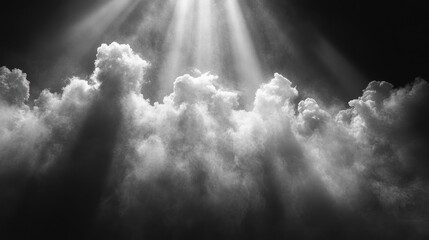 Poster - Bright beams shine through heavy clouds, creating a stunning contrast in a black and white landscape
