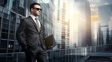 Wall Mural - Businessman in a suit stands in a city with a modern skyscraper backdrop.