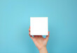 © PTD - minimalistic concept image featuring persons hand holding blank white box against blue background, evoking sense of simplicity and creativity