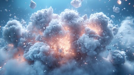 Poster - A massive explosion erupts, filling the atmosphere with thick clouds and fiery bursts of light against a blue backdrop