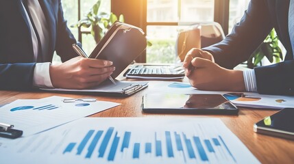 Poster - Two businesspeople review reports and discuss plans at a meeting.