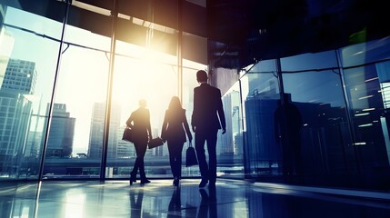 Sticker - Silhouettes of three businesspeople walking toward a city skyline.