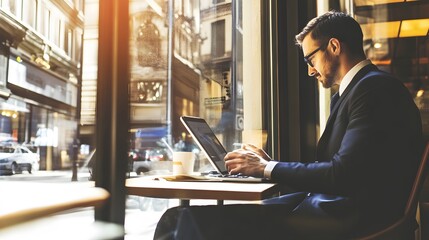 Poster - A businessman works on his computer in a cafe, looking out the window.