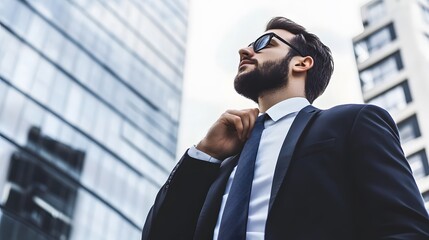 Wall Mural - A young man in a suit and sunglasses stands confidently in front of a tall building.