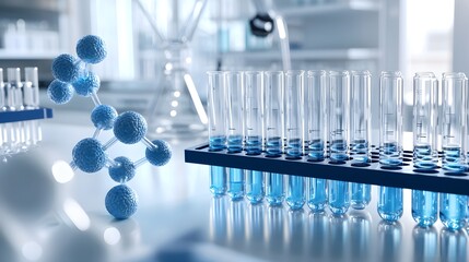 Close-up of a laboratory scene featuring test tubes, blue liquid, and a molecular structure representing scientific research.