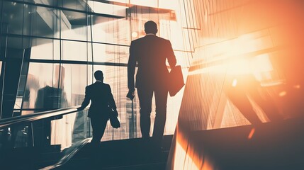 Sticker - Two businessmen walking on an escalator towards the sunlight.