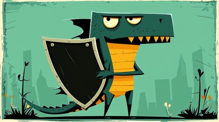 Brave Cartoon Dragon Holding a Shield in the City