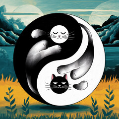 A mixed media illustration of a yin yang symbol with two cats inside. The yin yang is split in half, with one half black and the other white.