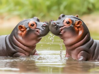 Two playful hippos in water engaging affectionately, creating splashes and showcasing their unique features in a vibrant natural setting.