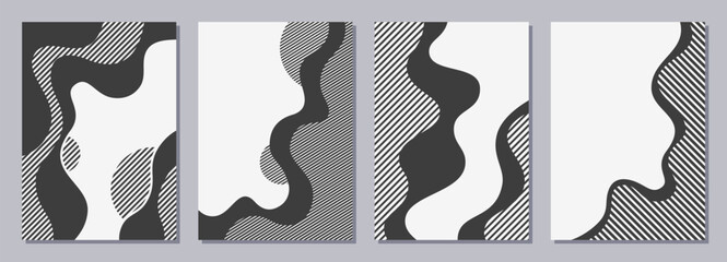 Wall Mural - Set of flyers, posters, banners, placards, brochure design templates A6 size. Graphic design templates with smooth wavy shapes, waves and stripes. Vector geometric black and white backgrounds.