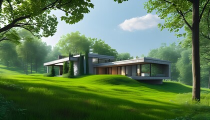 Contemporary home nestled in a vibrant green meadow embraced by towering trees