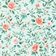  A soft floral pattern featuring pink and white roses, complemented by green leaves, set against a light mint background.