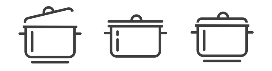 Poster - Cooking pan pot icon simple thin line stroke graphic illustration set, kitchen saucepan open closed outline silhouette pictogram design, kitchenware image clip art isolated cut out sign
