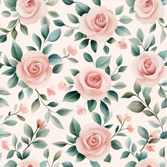  A delicate floral pattern featuring soft pink roses and green leaves on a light background.