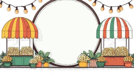 Poster - Hand Drawn Popcorn Stands with Circular Frame and String Lights