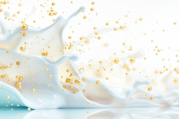 Poster - This vibrant background showcases a smooth white liquid splashing dynamically, accompanied by golden droplets dancing in the air. The soft blurred background enhances its visual appeal