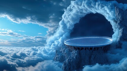 Wall Mural - A stadium stands on a precipice overlooking an abyss, its lights casting long, distorted shadows onto the swirling vortex below.