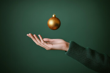 Close-up of an outstretched hand with the palm facing upwards, five fingers showing clearly against a green background and wearing a green sweater. A single golden Christmas ornament is floating above