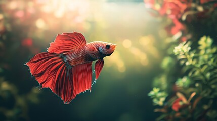 Betta fish swimming gracefully in a beautifully decorated aquarium, its vivid colors making it a captivating focus.