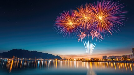 A vibrant fireworks display illuminates the night sky over a tranquil lake, reflecting colorful explosions and creating a festive atmosphere.