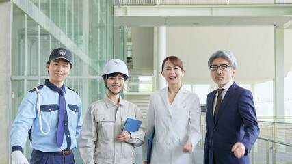Poster - ガッツポーズする様々な職業の人々（ビジネスマン・エンジニア・研究者・警備員）