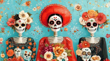 Colorful Day of the Dead artwork featuring three skeletal figures dressed in vibrant traditional attire, adorned with flowers and cultural motifs.