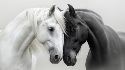 white horse and black horse on light background