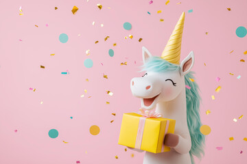 Wall Mural - happy toy unicorn wearing a yellow birthday hat and holding a yellow gift box, with pastel round con