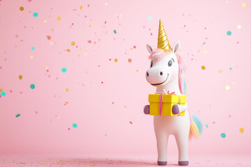 Wall Mural - happy toy unicorn wearing a yellow birthday hat and holding a yellow gift box, with pastel round con