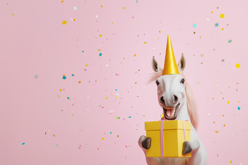 Wall Mural - happy toy unicorn wearing a yellow birthday hat and holding a yellow gift box, with pastel round con