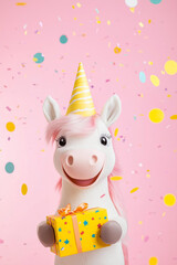 Wall Mural - happy toy unicorn wearing a yellow birthday hat and holding a yellow gift box, with pastel round con