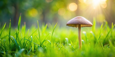 Sticker - Mushroom nestled in lush green grass, nature, fungi, organic, vibrant, outdoors, fairy tale, macro, close-up, botany