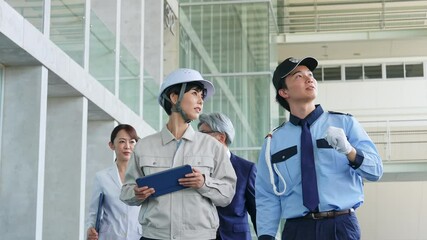 Poster - ビルを点検する様々な職業の人々（エンジニア・警備員・ビジネスマン・研究者）