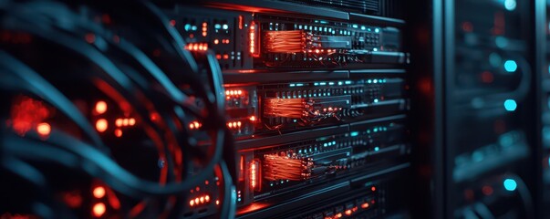 Wall Mural - A close-up of illuminated server racks showcasing vibrant red and blue lights, highlighting the complexity of data storage technology.