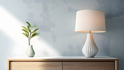 Wall Mural - modern white lamp on cabinet with clean wall mockup