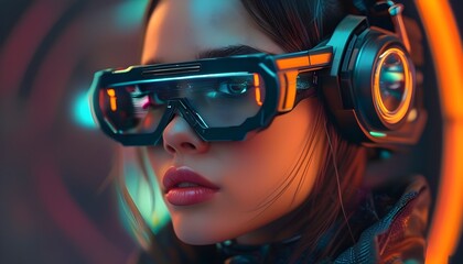 Wall Mural - Futuristic Vision: Close-up Portrait of a Woman in High-Tech Glasses