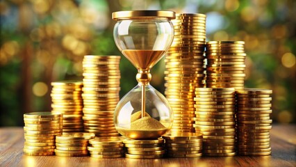 Hourglass measuring time passing on increasing stacks of golden coins