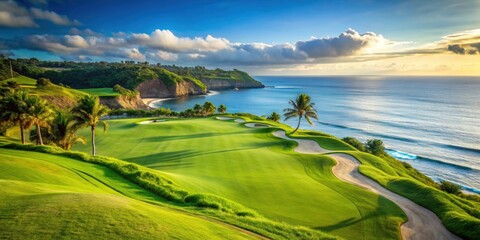 Sticker - Scenic golf course overlooking the ocean in Bali, Bali, Indonesia, golf, course, scenic, ocean, view, green, landscape