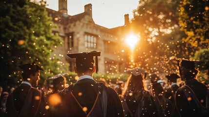 Graduation ceremony at sunset with graduates celebrating outdoors, education concept. Generative AI